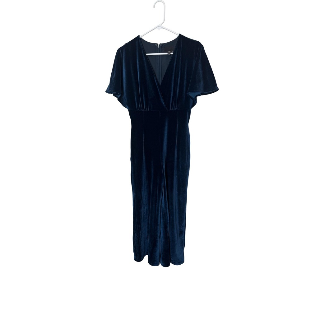 Greylin Jumpsuit Womens XS Blue Velvet Wide Legβ V Neck Flutter Sleeve Pockets
